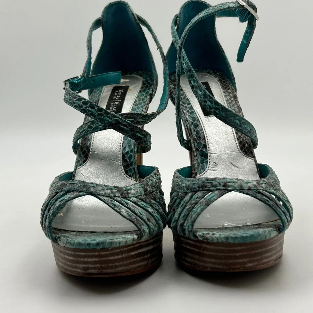 White House Black‎ Market Emilia Sandals Womens 7.5M Teal Snakeskin Platform Y2K